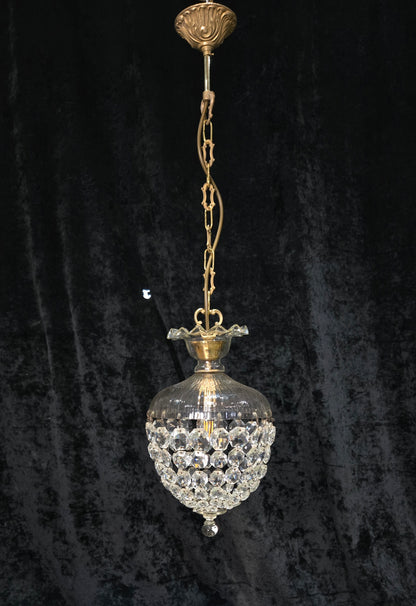 Beautiful Antique French Crystal Bag 1 Light Brass Chandelier Ceiling Light