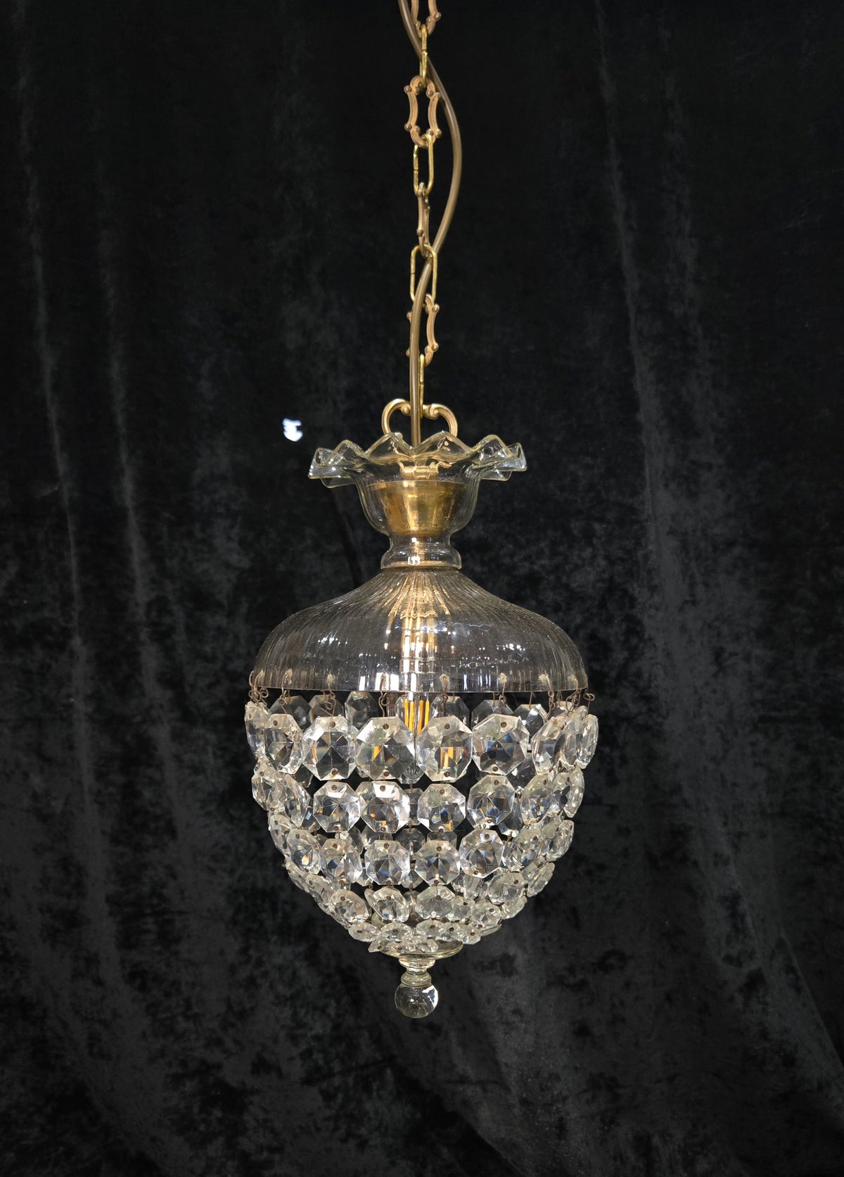 Beautiful Antique French Crystal Bag 1 Light Brass Chandelier Ceiling Light