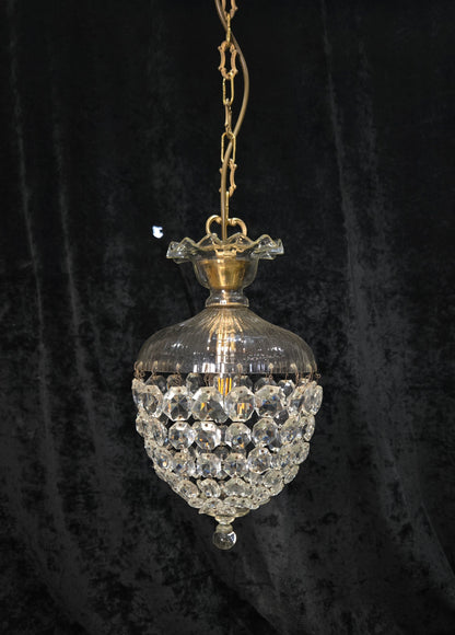 Beautiful Antique French Crystal Bag 1 Light Brass Chandelier Ceiling Light