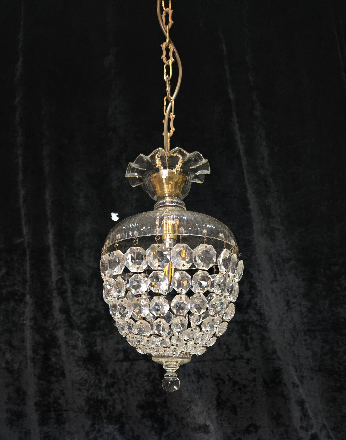 Beautiful Antique French Crystal Bag 1 Light Brass Chandelier Ceiling Light