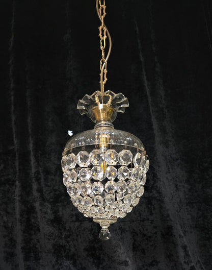 Beautiful Antique French Crystal Bag 1 Light Brass Chandelier Ceiling Light