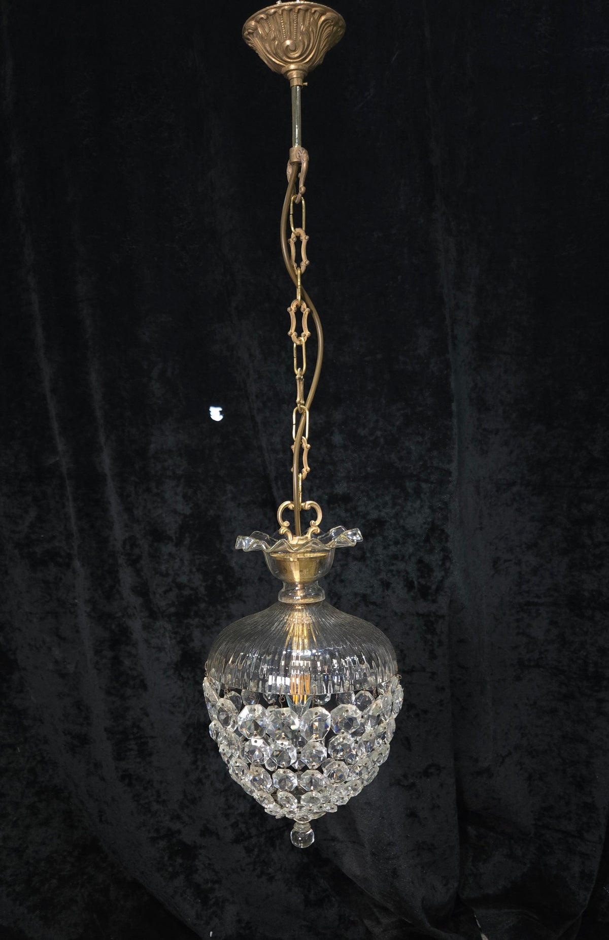 Beautiful Antique French Crystal Bag 1 Light Brass Chandelier Ceiling Light