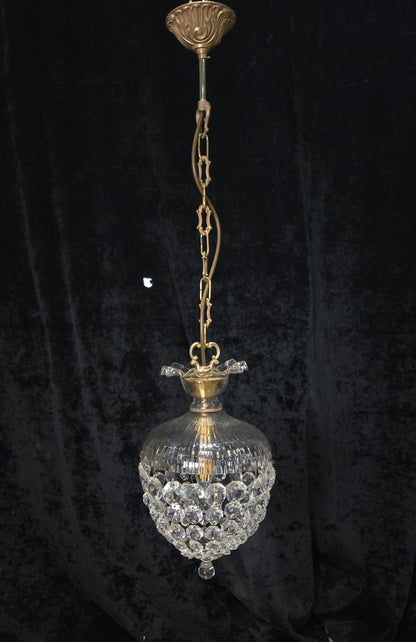 Beautiful Antique French Crystal Bag 1 Light Brass Chandelier Ceiling Light