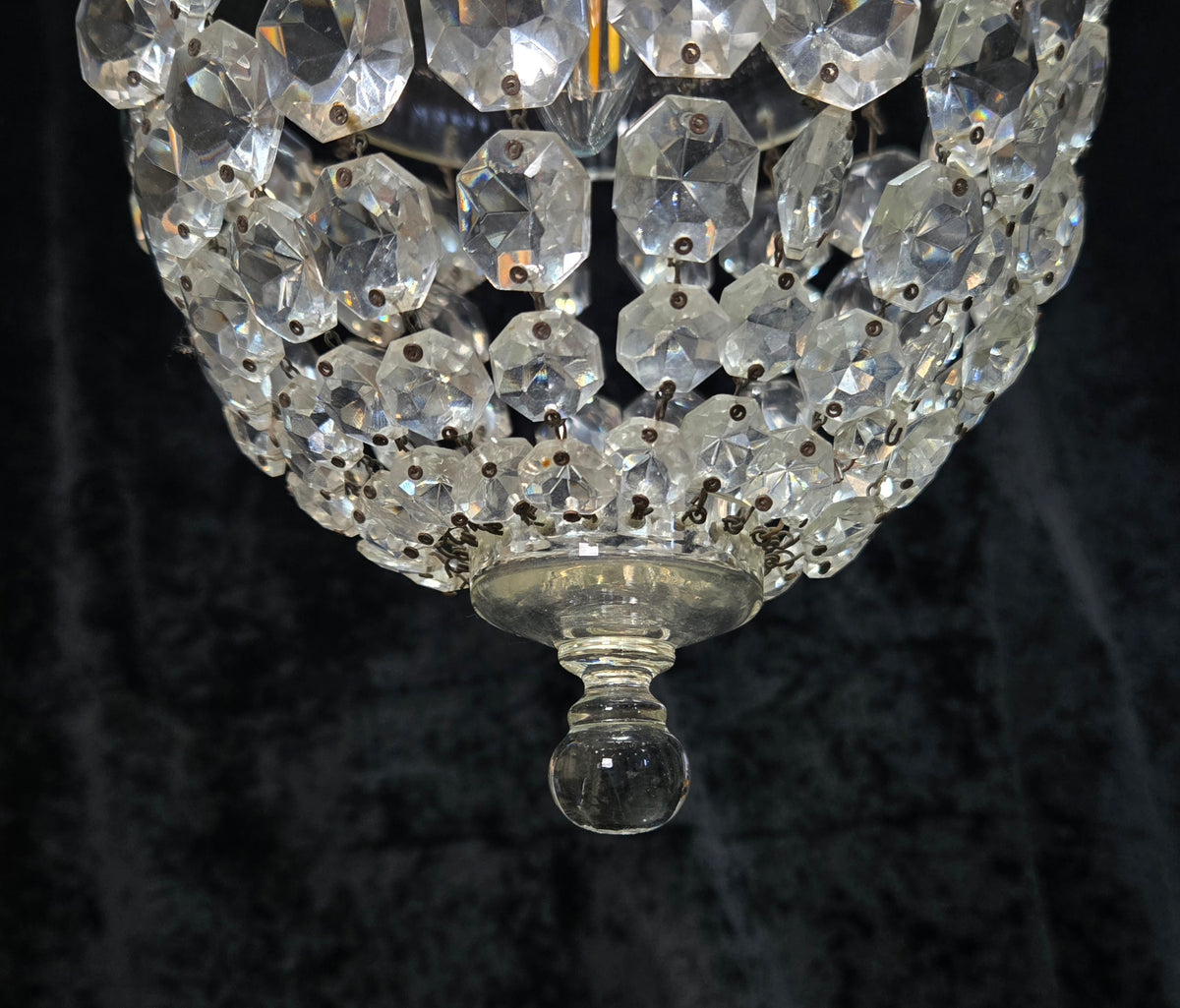 Beautiful Antique French Crystal Bag 1 Light Brass Chandelier Ceiling Light