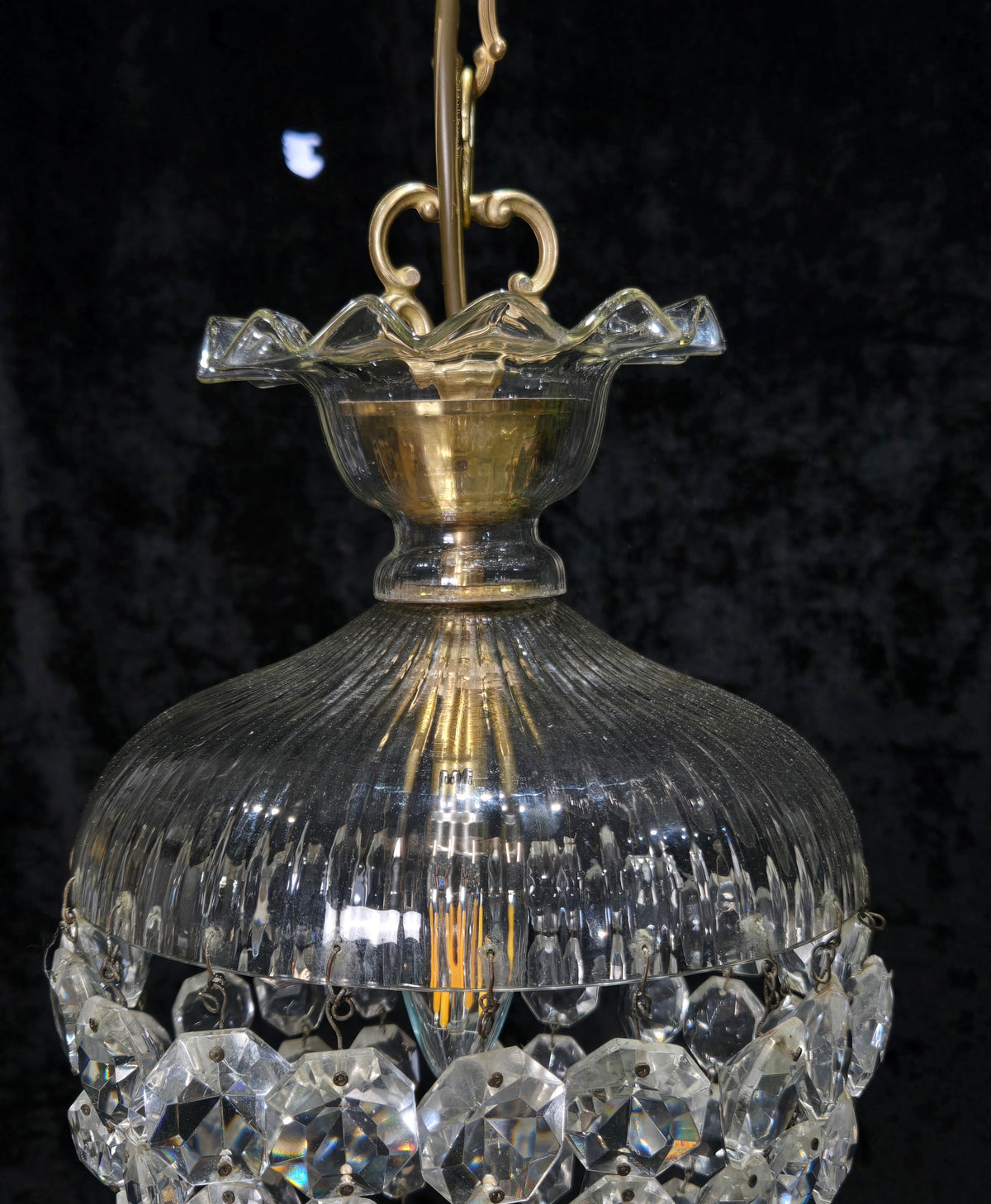 Beautiful Antique French Crystal Bag 1 Light Brass Chandelier Ceiling Light