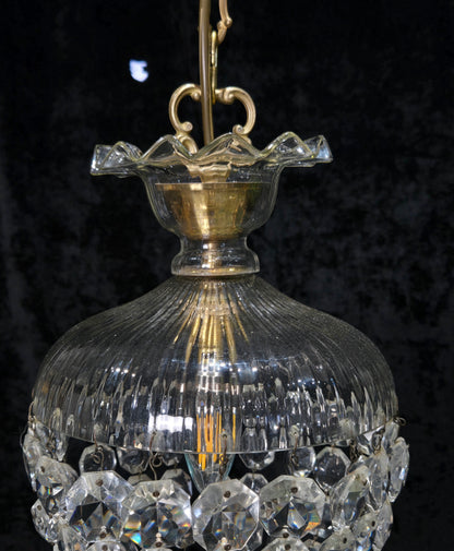 Beautiful Antique French Crystal Bag 1 Light Brass Chandelier Ceiling Light