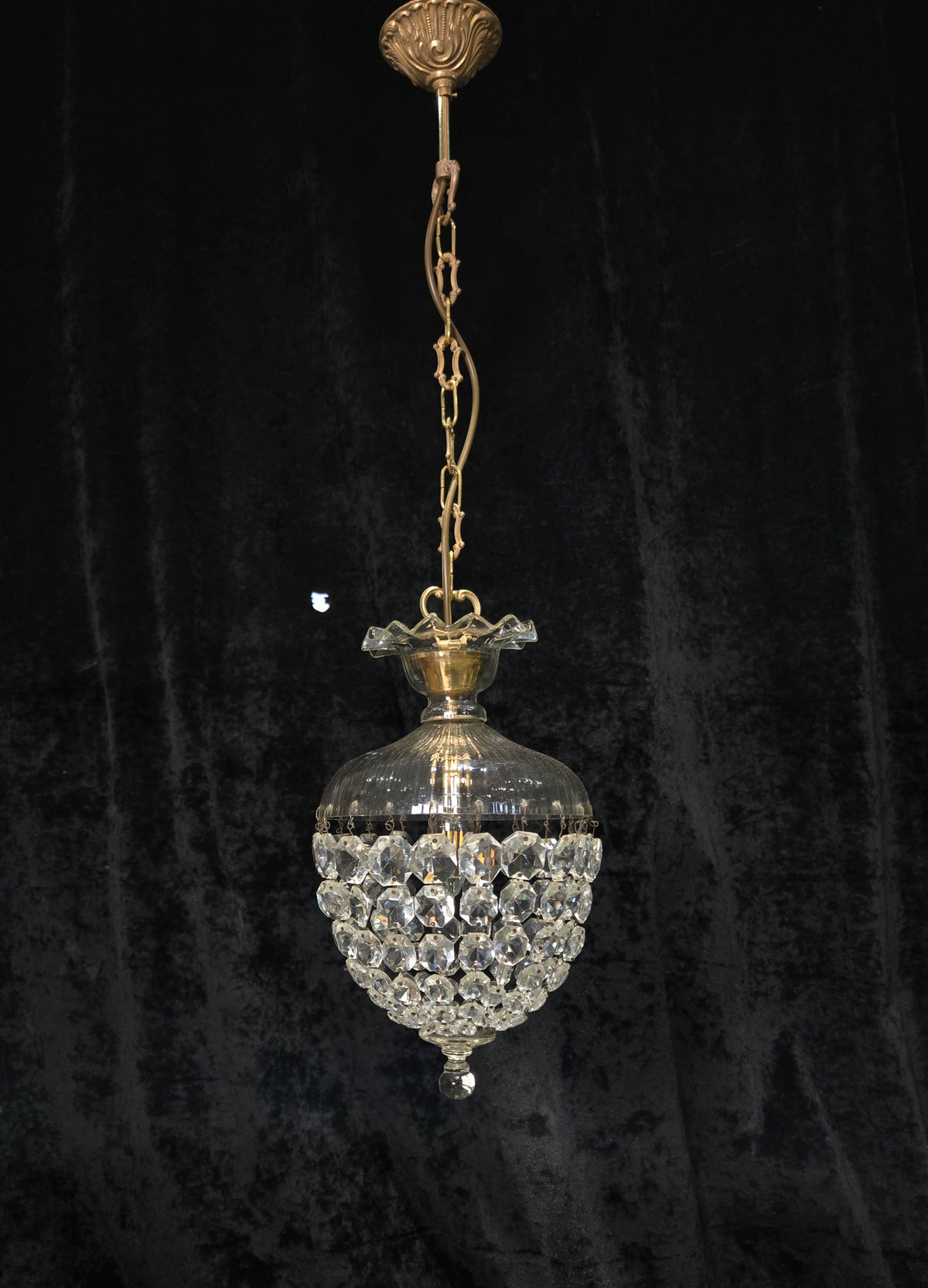 Beautiful Antique French Crystal Bag 1 Light Brass Chandelier Ceiling Light