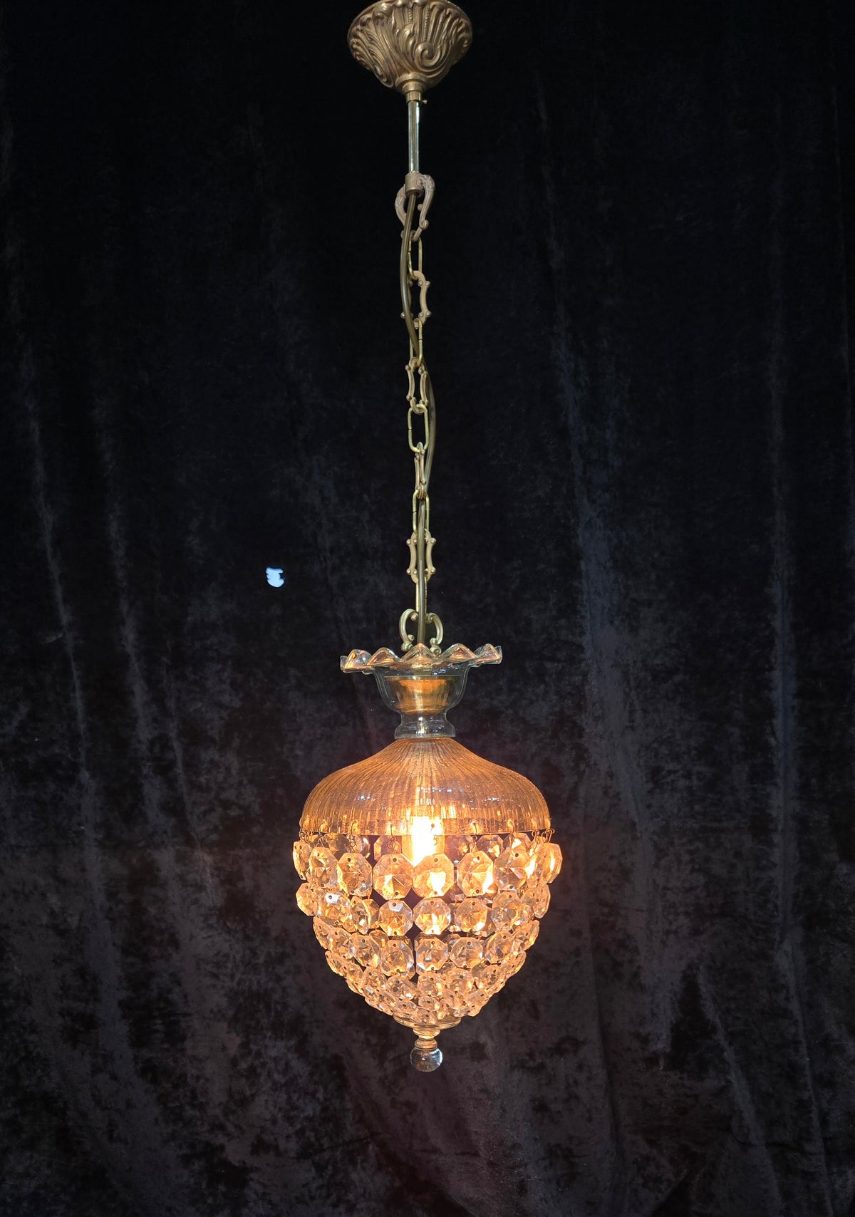 Beautiful Antique French Crystal Bag 1 Light Brass Chandelier Ceiling Light