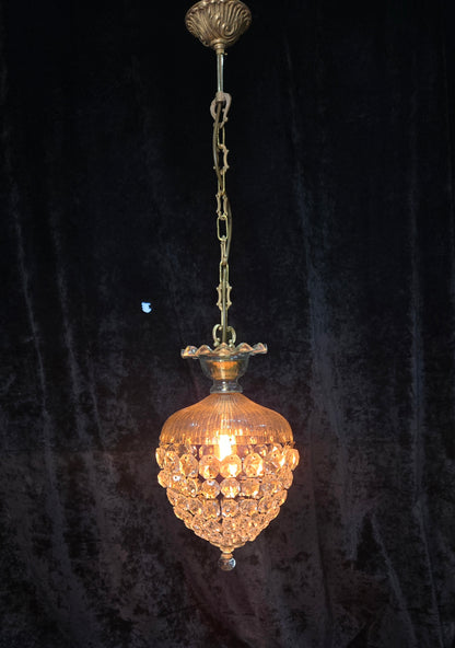 Beautiful Antique French Crystal Bag 1 Light Brass Chandelier Ceiling Light