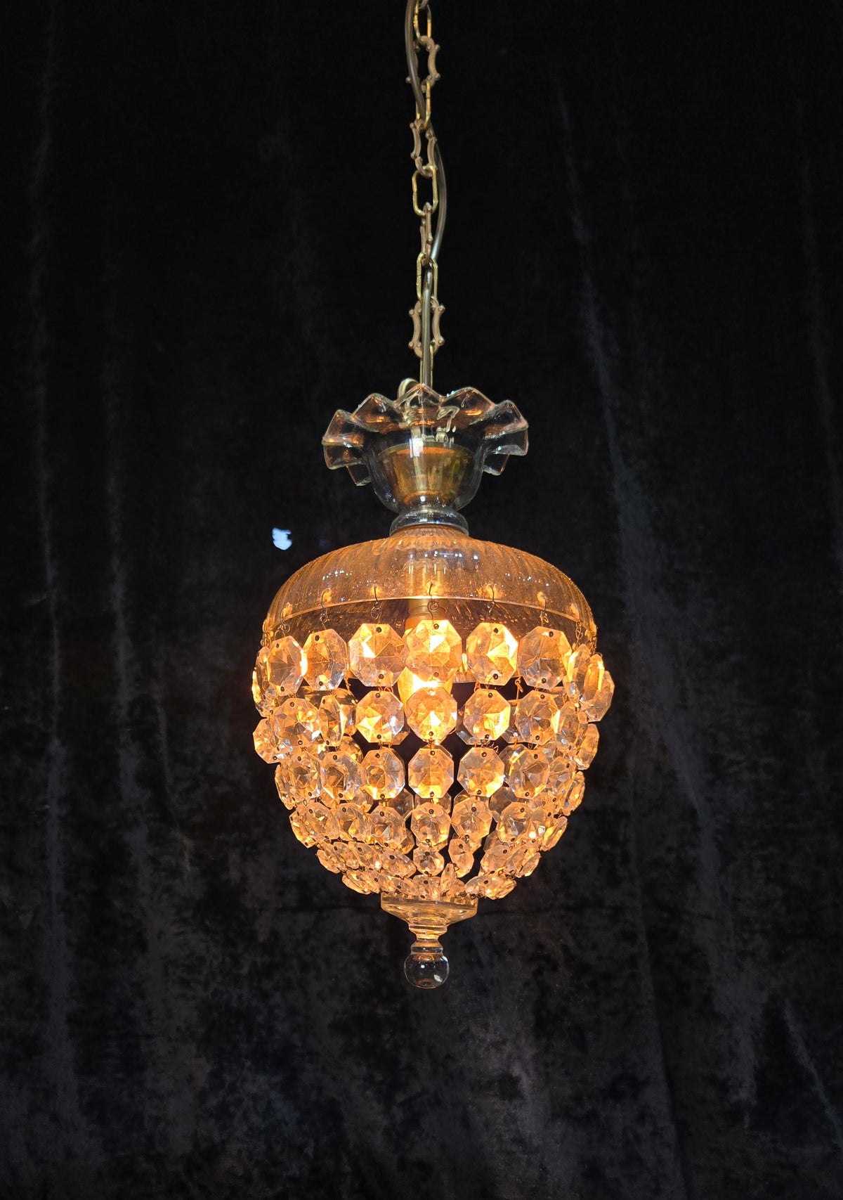 Beautiful Antique French Crystal Bag 1 Light Brass Chandelier Ceiling Light
