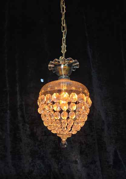 Beautiful Antique French Crystal Bag 1 Light Brass Chandelier Ceiling Light
