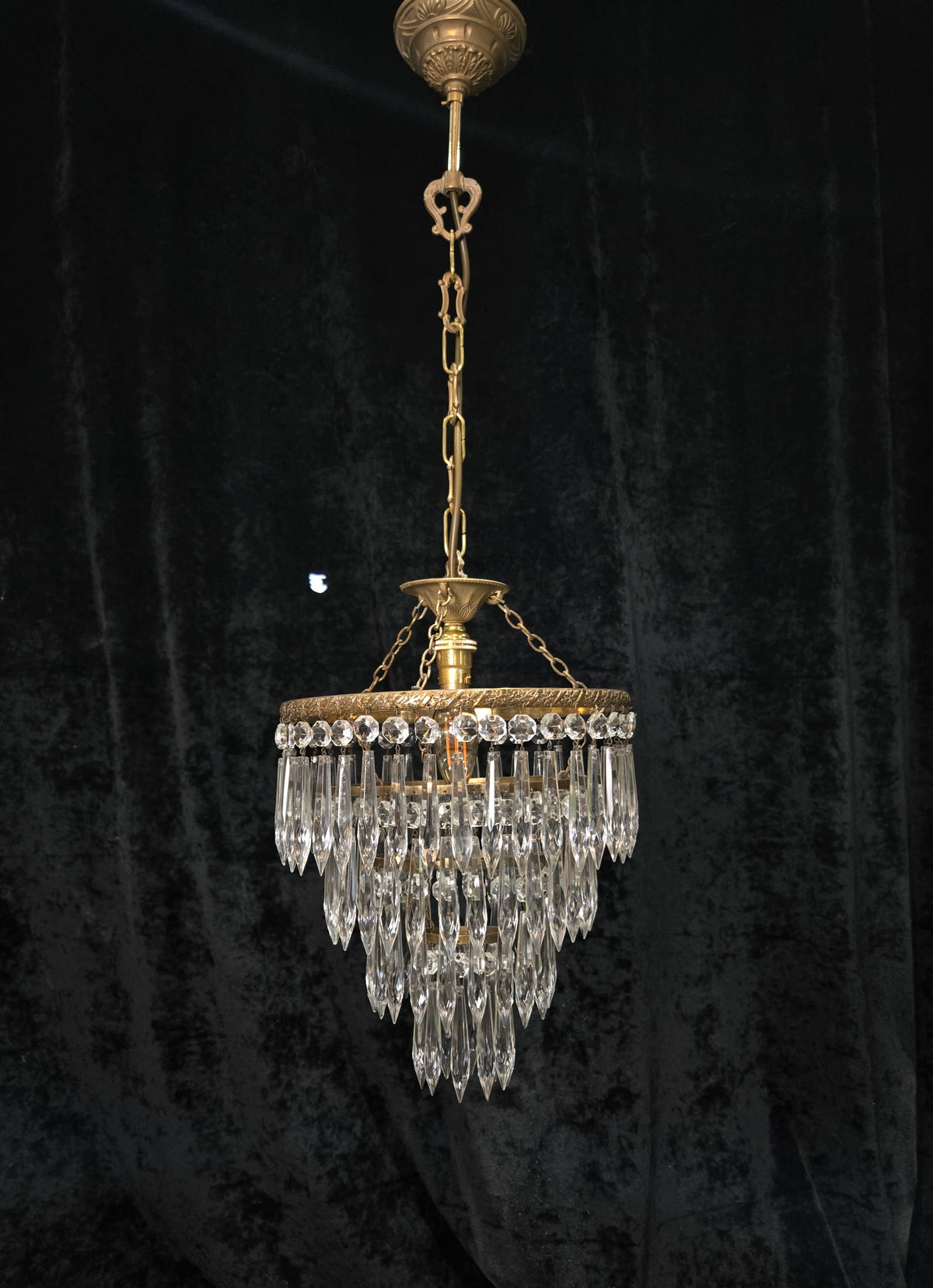 Fabulous Antique French Brass 4 Tier Crystal Waterfall Chandelier Ceiling Light