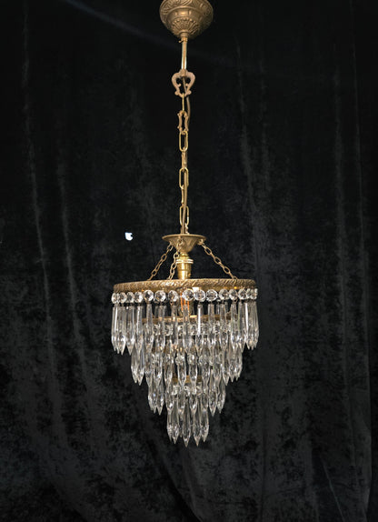 Fabulous Antique French Brass 4 Tier Crystal Waterfall Chandelier Ceiling Light