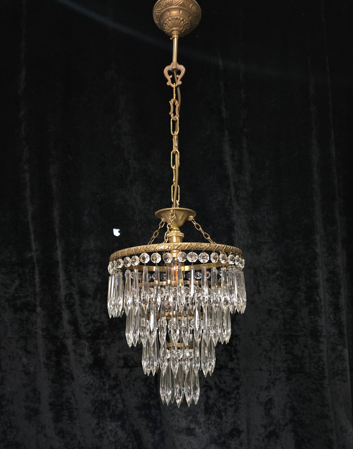 Fabulous Antique French Brass 4 Tier Crystal Waterfall Chandelier Ceiling Light