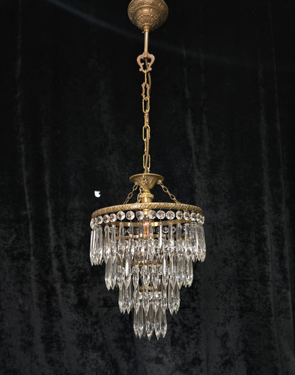 Fabulous Antique French Brass 4 Tier Crystal Waterfall Chandelier Ceiling Light