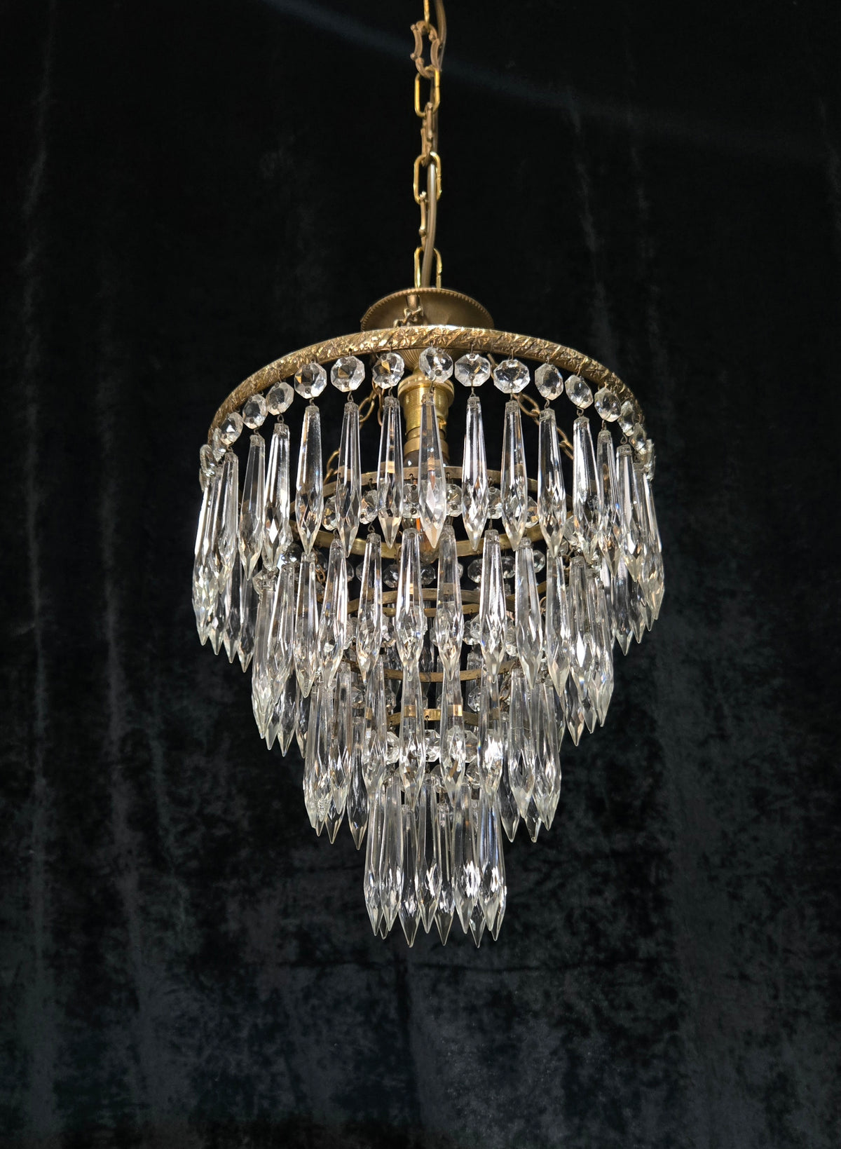 Fabulous Antique French Brass 4 Tier Crystal Waterfall Chandelier Ceiling Light