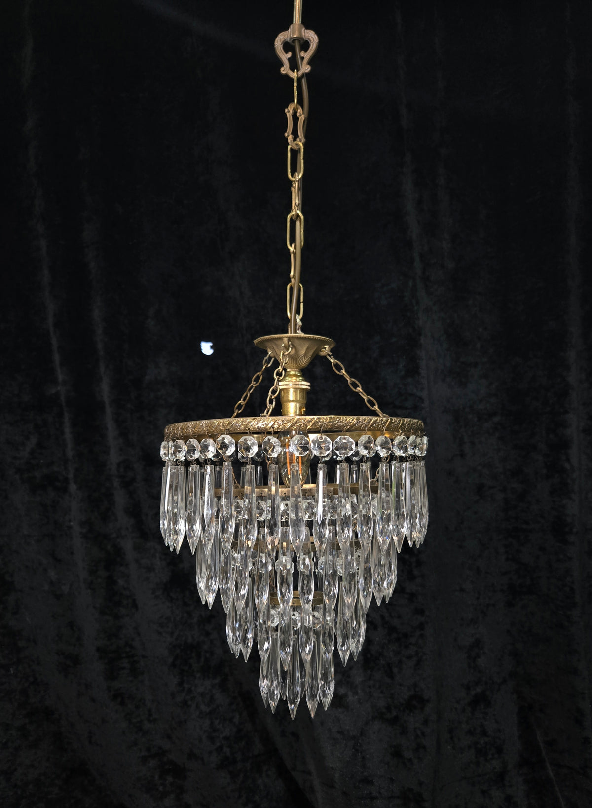 Fabulous Antique French Brass 4 Tier Crystal Waterfall Chandelier Ceiling Light