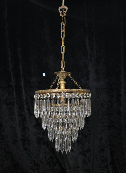 Fabulous Antique French Brass 4 Tier Crystal Waterfall Chandelier Ceiling Light