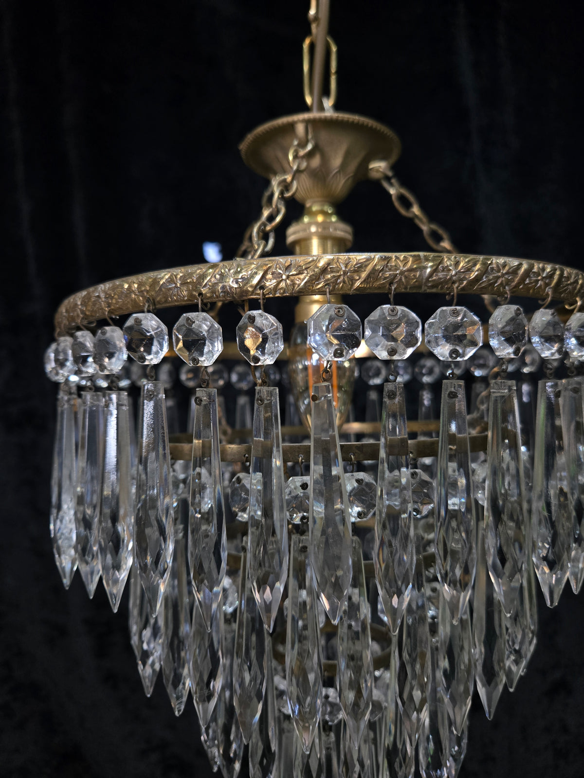 Fabulous Antique French Brass 4 Tier Crystal Waterfall Chandelier Ceiling Light
