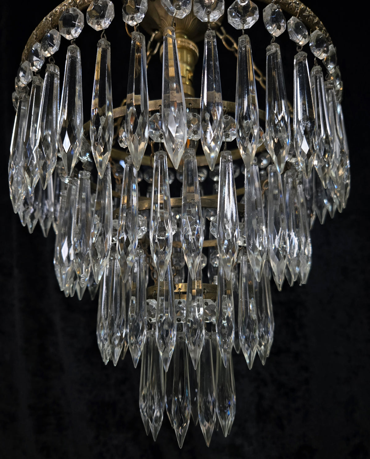 Fabulous Antique French Brass 4 Tier Crystal Waterfall Chandelier Ceiling Light