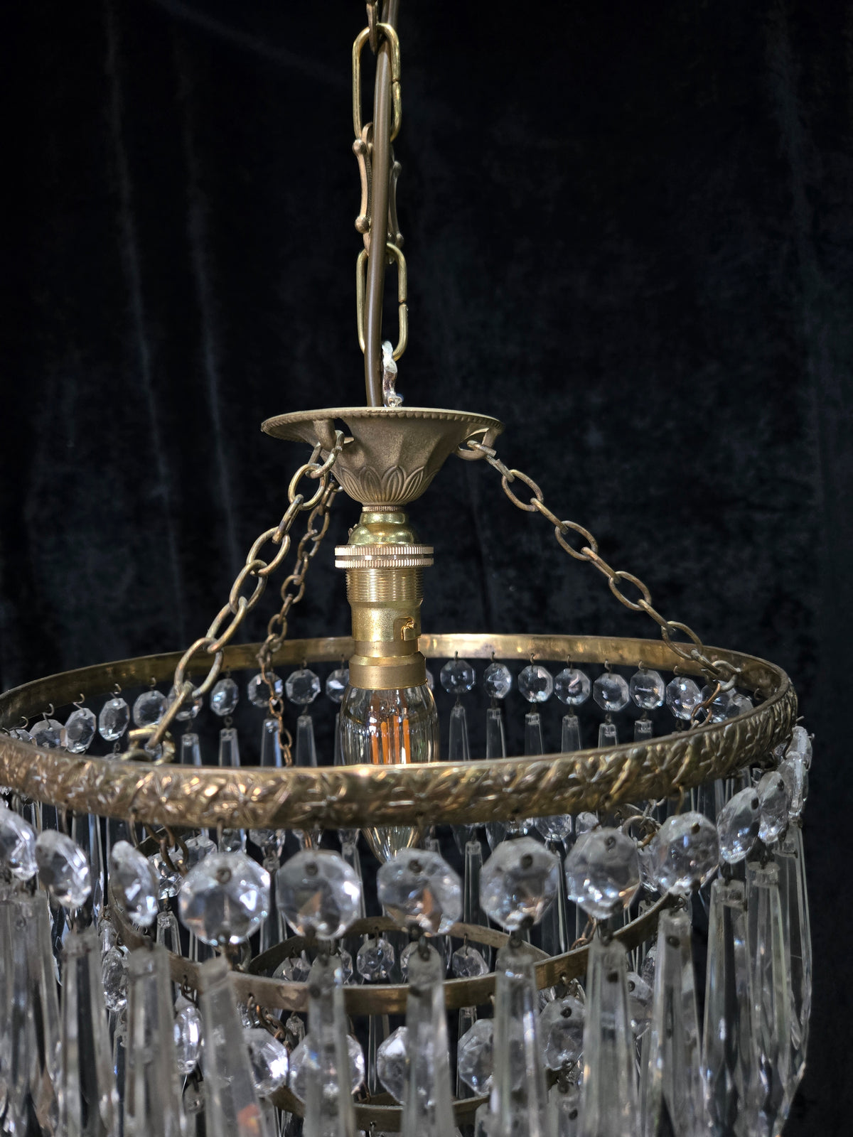 Fabulous Antique French Brass 4 Tier Crystal Waterfall Chandelier Ceiling Light