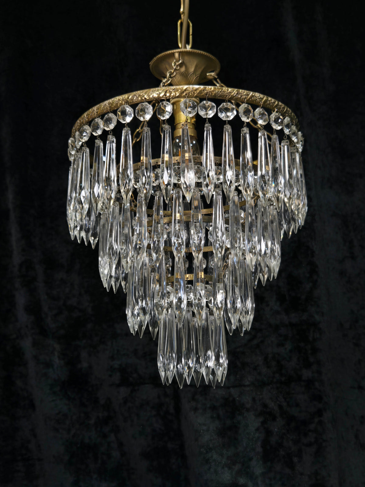 Fabulous Antique French Brass 4 Tier Crystal Waterfall Chandelier Ceiling Light