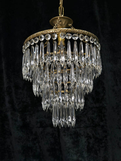 Fabulous Antique French Brass 4 Tier Crystal Waterfall Chandelier Ceiling Light