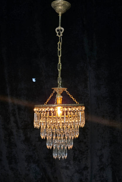 Fabulous Antique French Brass 4 Tier Crystal Waterfall Chandelier Ceiling Light
