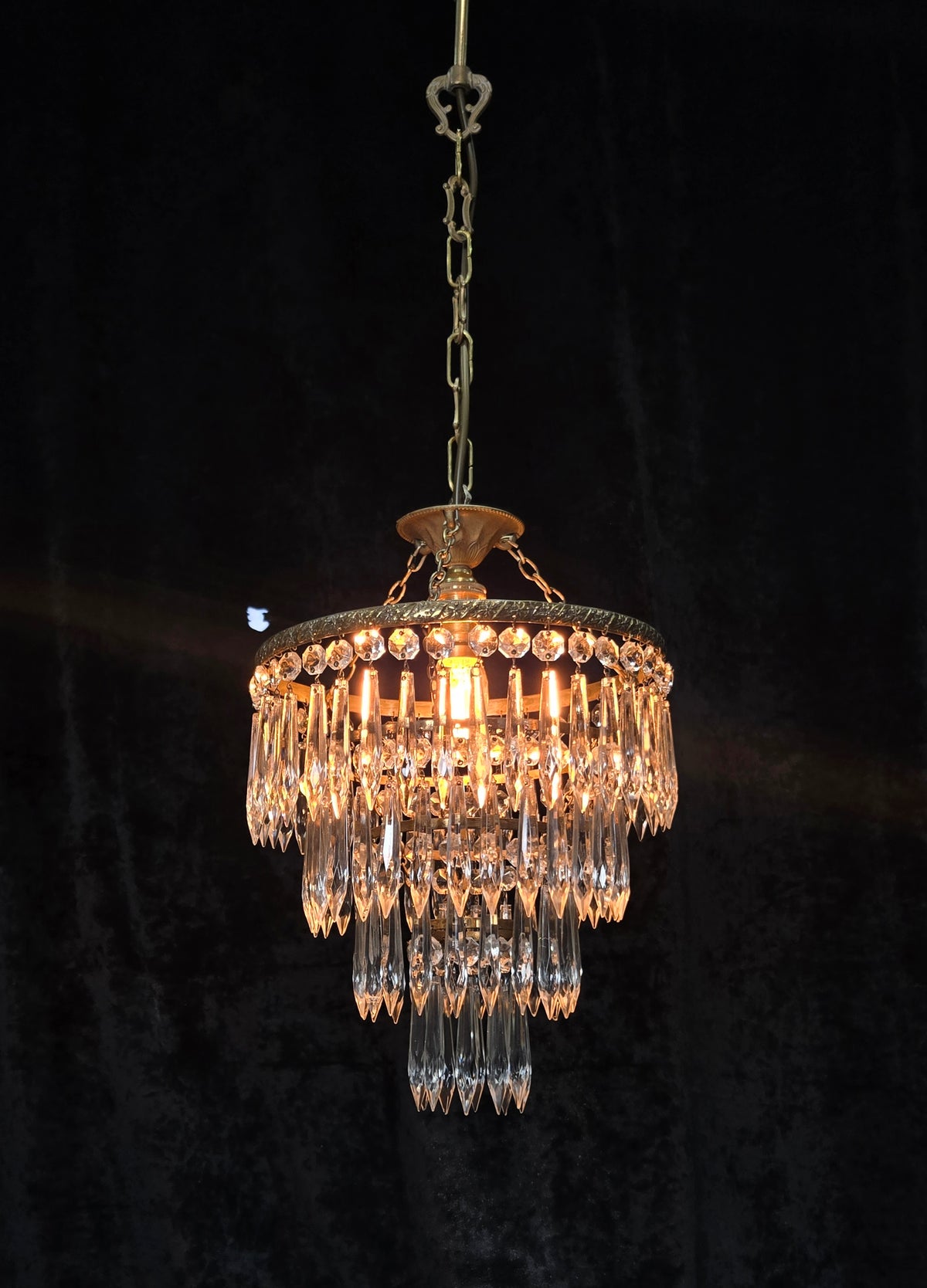 Fabulous Antique French Brass 4 Tier Crystal Waterfall Chandelier Ceiling Light
