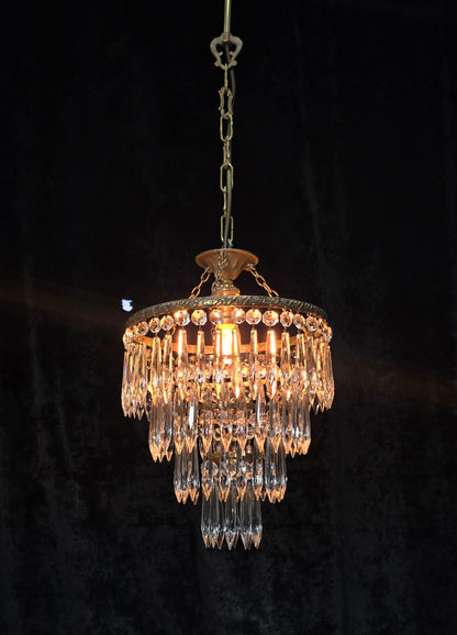 Fabulous Antique French Brass 4 Tier Crystal Waterfall Chandelier Ceiling Light