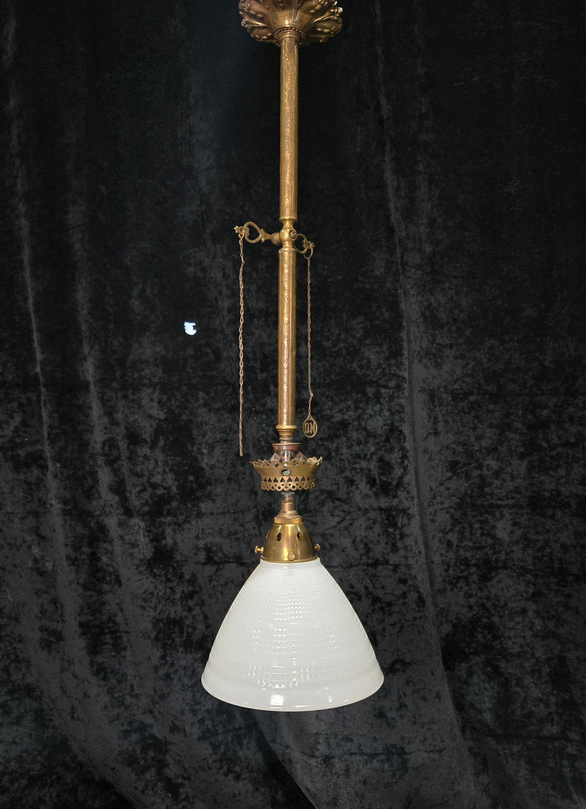 Traditional Antique Gas Converted to Electric Pendant Light with Glass Shade