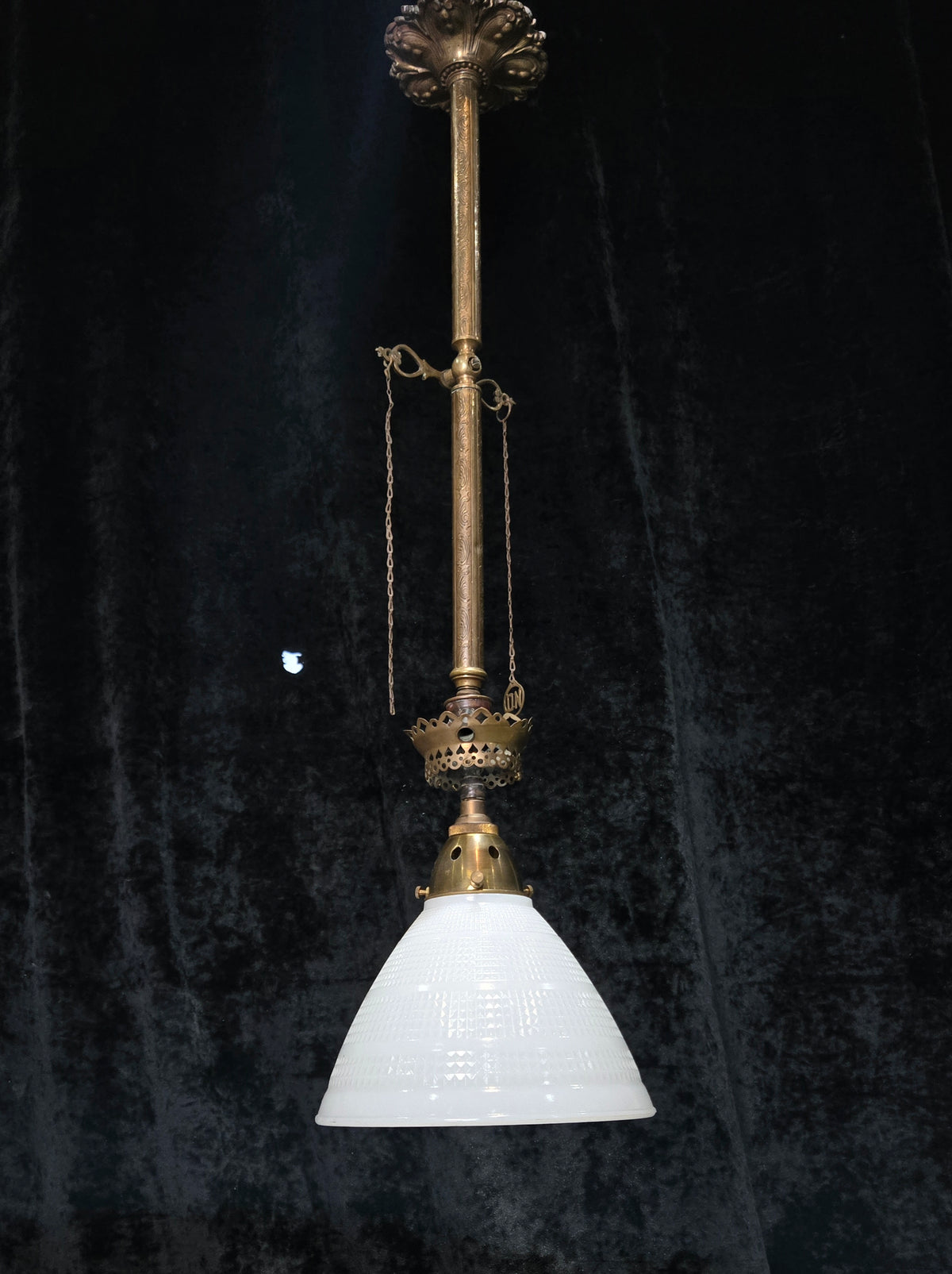 Traditional Antique Gas Converted to Electric Pendant Light with Glass Shade