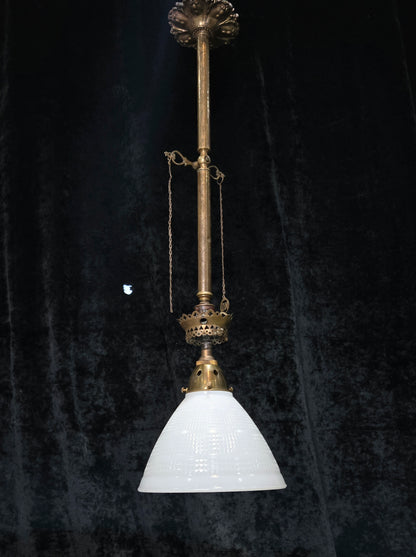 Traditional Antique Gas Converted to Electric Pendant Light with Glass Shade