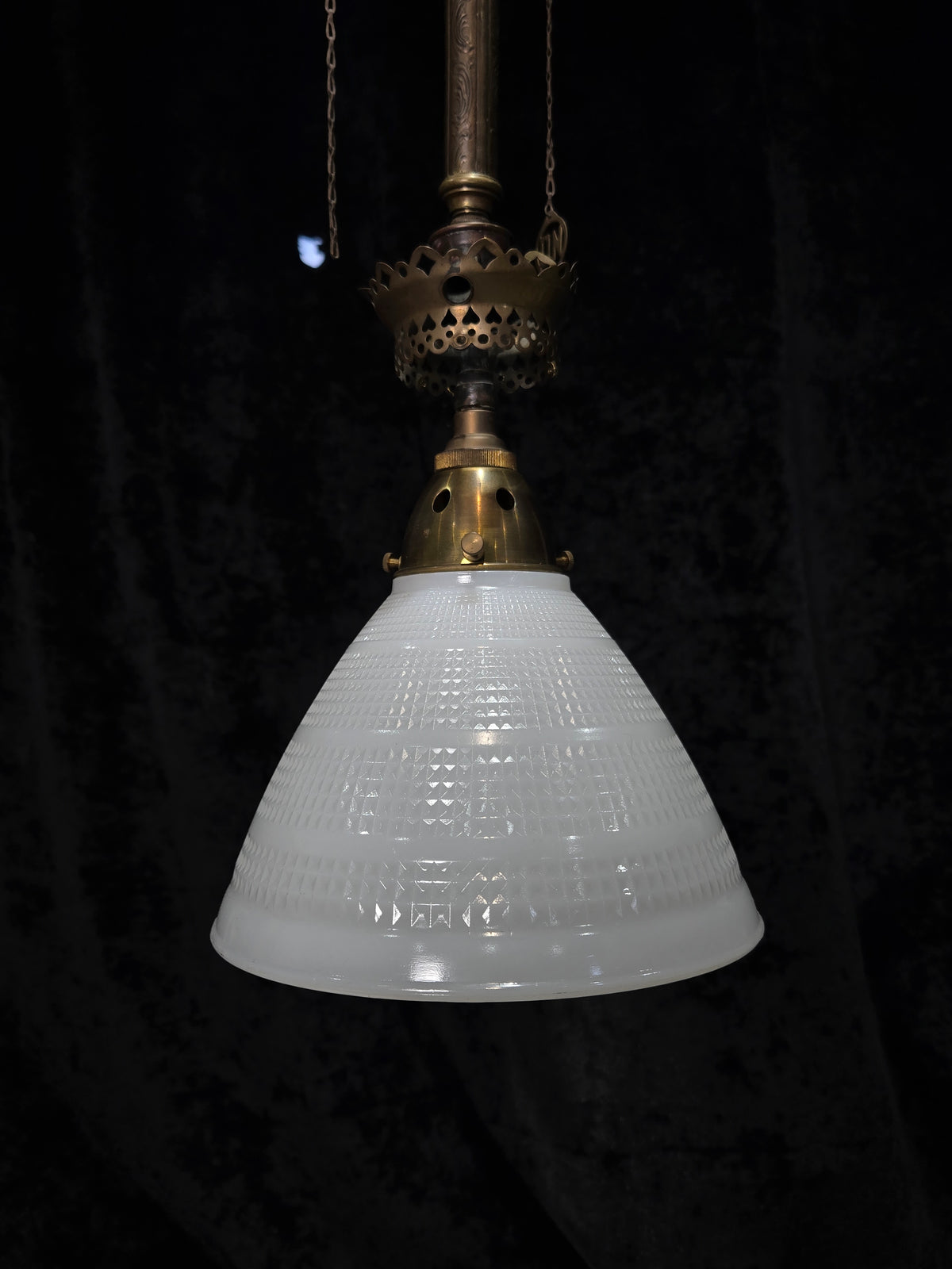 Traditional Antique Gas Converted to Electric Pendant Light with Glass Shade