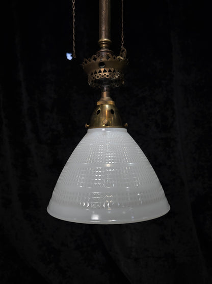 Traditional Antique Gas Converted to Electric Pendant Light with Glass Shade