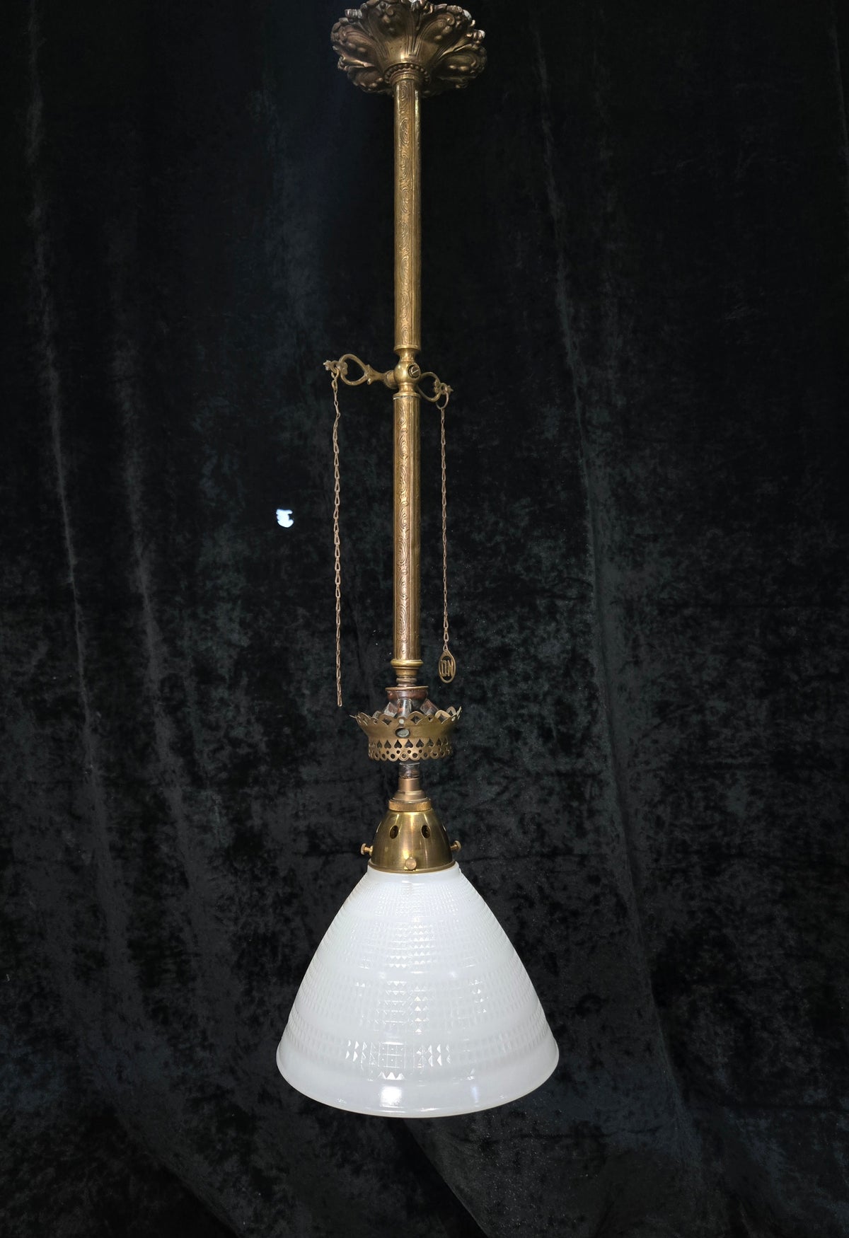 Traditional Antique Gas Converted to Electric Pendant Light with Glass Shade