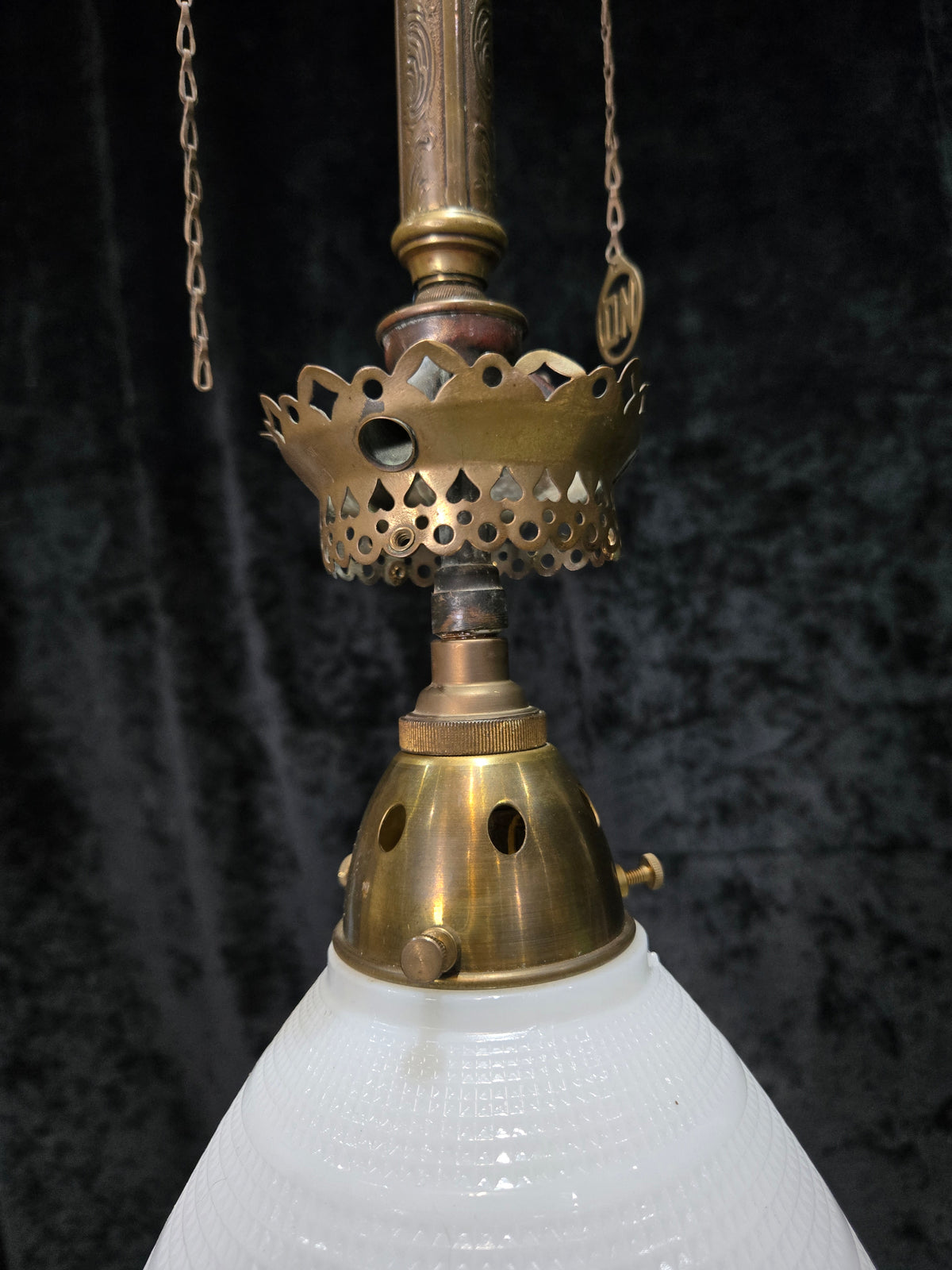 Traditional Antique Gas Converted to Electric Pendant Light with Glass Shade