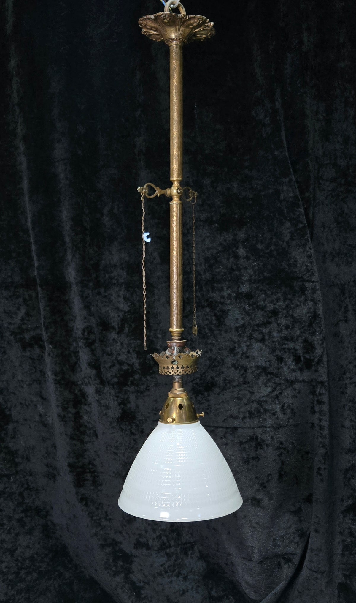 Traditional Antique Gas Converted to Electric Pendant Light with Glass Shade