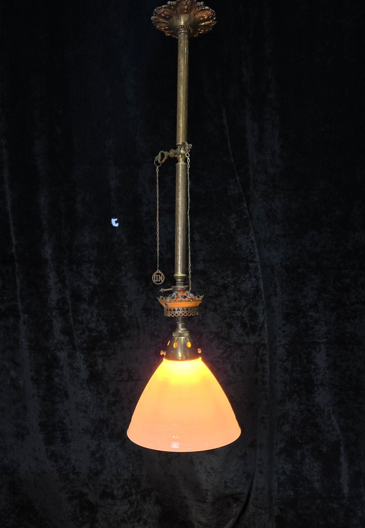 Traditional Antique Gas Converted to Electric Pendant Light with Glass Shade
