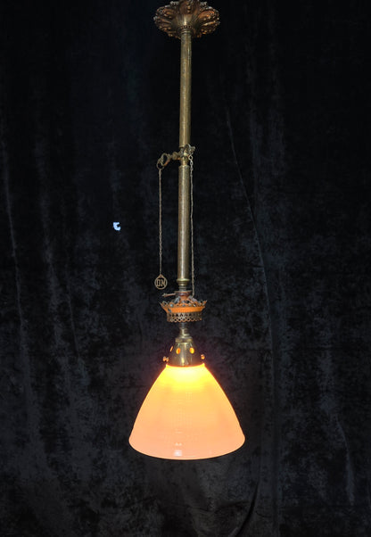 Traditional Antique Gas Converted to Electric Pendant Light with Glass Shade