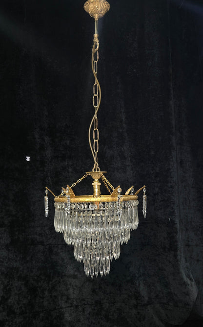 Beautiful Antique French Brass 4 Tier Crystal Waterfall Chandelier Ceiling Light