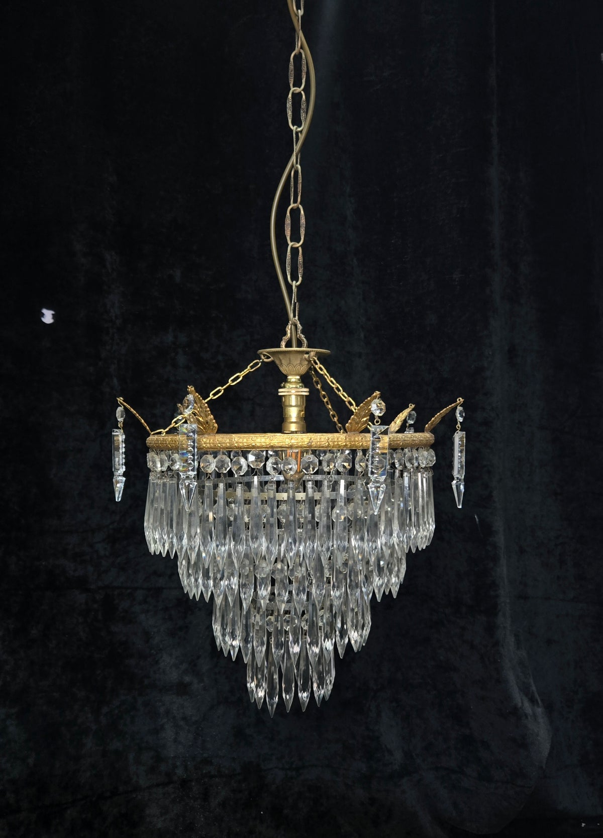 Beautiful Antique French Brass 4 Tier Crystal Waterfall Chandelier Ceiling Light