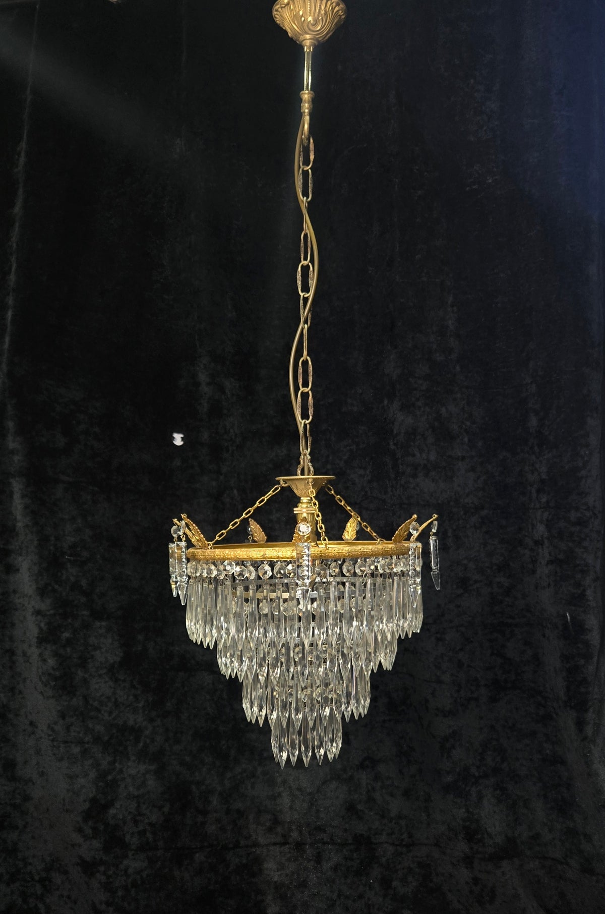 Beautiful Antique French Brass 4 Tier Crystal Waterfall Chandelier Ceiling Light