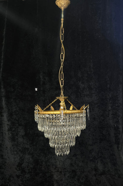 Beautiful Antique French Brass 4 Tier Crystal Waterfall Chandelier Ceiling Light