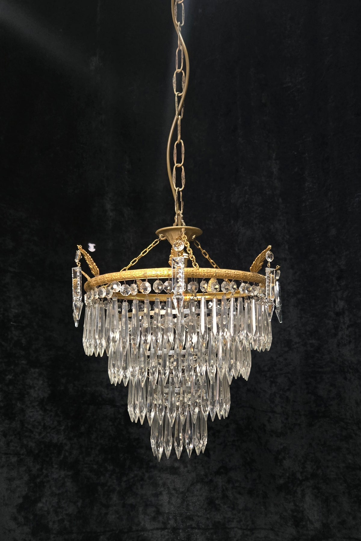 Beautiful Antique French Brass 4 Tier Crystal Waterfall Chandelier Ceiling Light