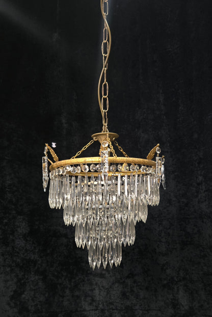 Beautiful Antique French Brass 4 Tier Crystal Waterfall Chandelier Ceiling Light