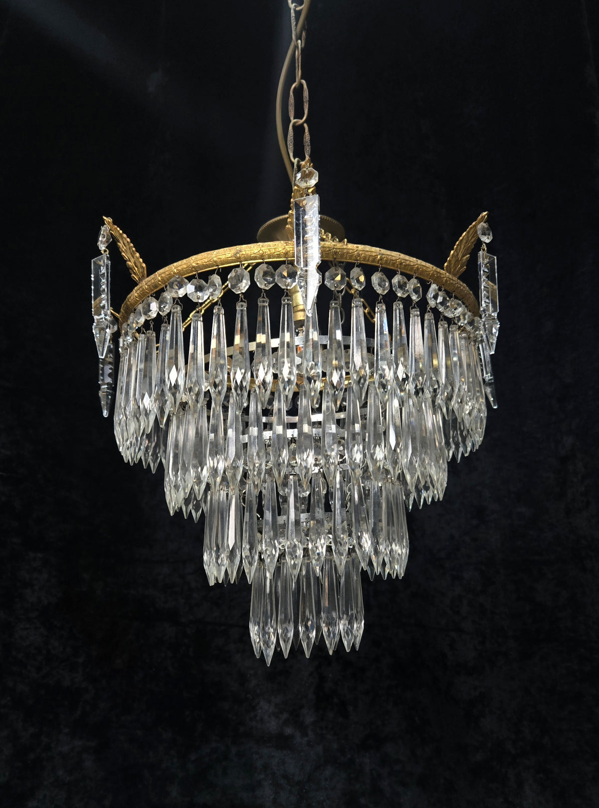 Beautiful Antique French Brass 4 Tier Crystal Waterfall Chandelier Ceiling Light