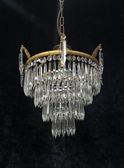 Beautiful Antique French Brass 4 Tier Crystal Waterfall Chandelier Ceiling Light