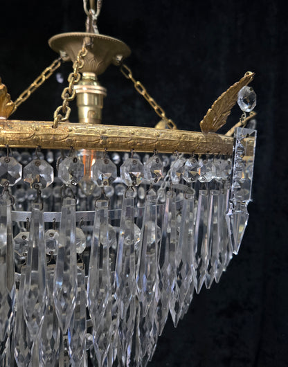 Beautiful Antique French Brass 4 Tier Crystal Waterfall Chandelier Ceiling Light