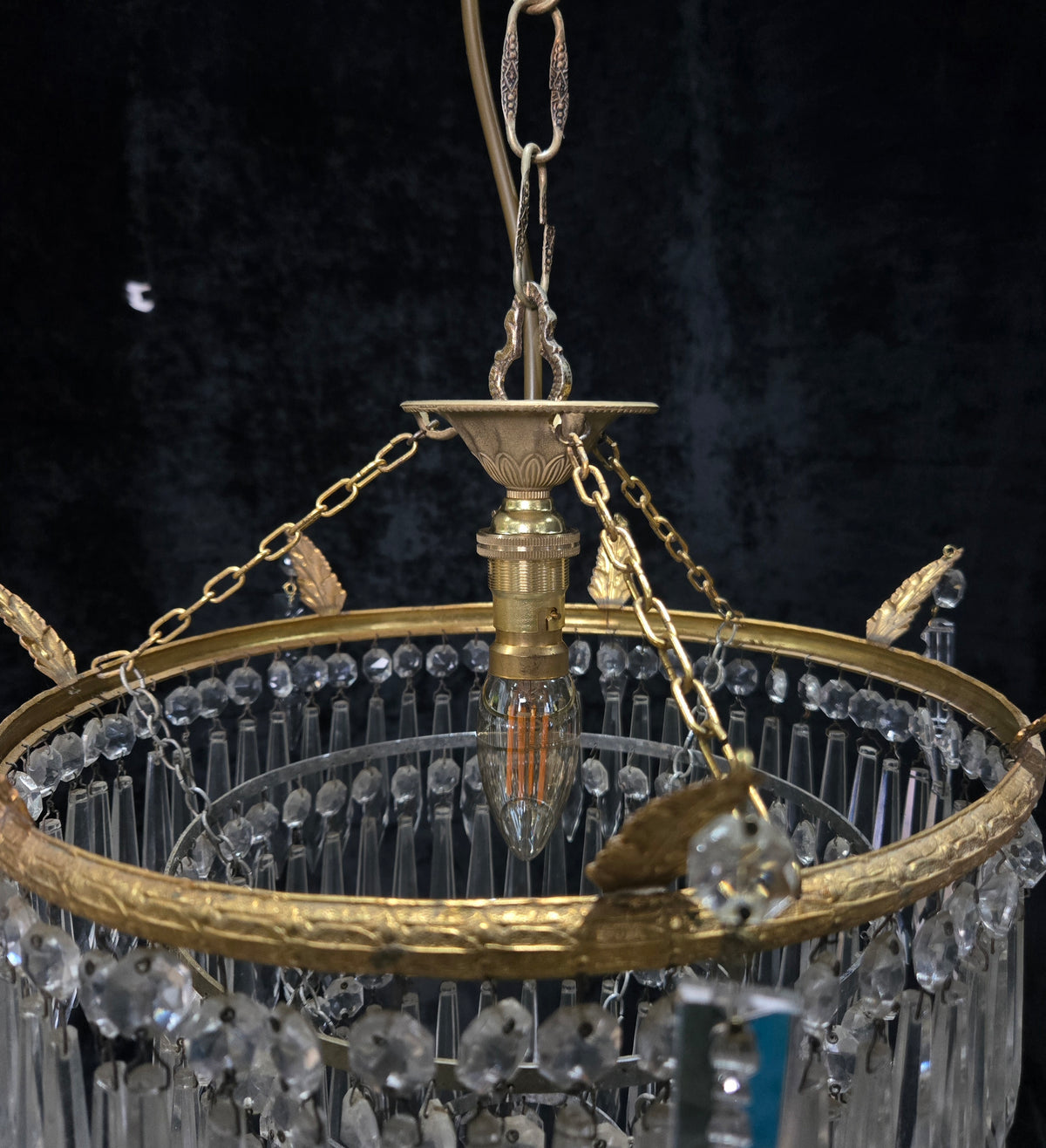 Beautiful Antique French Brass 4 Tier Crystal Waterfall Chandelier Ceiling Light